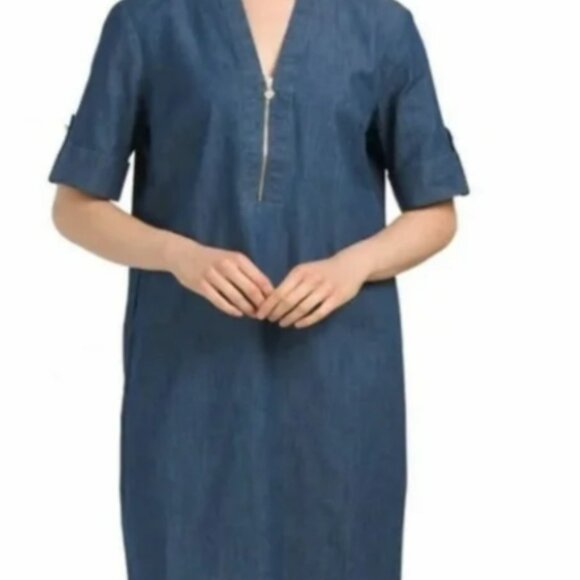 NEW Anne KLein STEFFI Dress Sz 2 Blue Chambray Denim Silver Zipper Roll Tab SLv - Picture 1 of 7